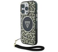 Étui Guess HC IML Leopard Triangle Cord Strap pour iPhone 16 Pro MagSafe marron