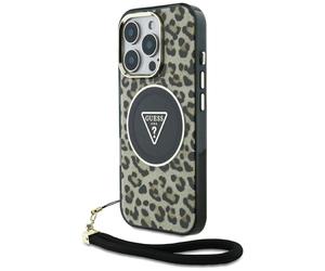 Étui Guess HC IML Leopard Triangle Cord Strap pour iPhone 16 Pro MagSafe marron