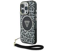 Étui Guess HC IML Leopard Triangle Cord Strap pour iPhone 16 Pro MagSafe noir