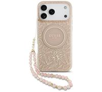 CG Mobile Étui Guess IML Flowers Electro Pearl Strap MagSafe pour iPhone 17 Pro Max Rose