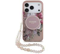 Coque Guess IML Flowers Pearl Strap MagSafe Étui pour iPhone 17 Pro Rose
