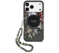 CG MOBILE Guess IML - Bracelet compatible avec MagSafe - Motif floral et perle - Compatible avec iPhone 17 Pro Max - Noir
