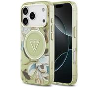 Etui Guess IML Glitter Flowers Triangle MagSafe do iPhone 17 Pro Max zielony