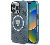 Étui Guess IML Metal Glitter 4G Circle Triangle MagSafe pour iPhone 16 Pro bleu