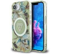 Étui Guess IML Metal Glitter Flowers Triangle MagSafe pour iPhone 16e vert