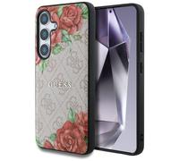 Étui Guess Leather 4G Flowers Print Metal Classic Logo MagSafe pour Samsung Galaxy S25 rose