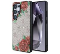 Étui Guess Leather 4G Flowers Print Metal Classic Logo MagSafe pour Samsung Galaxy S25 Ultra rose