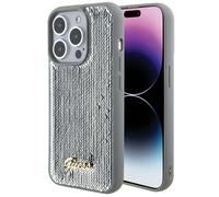 CG MOBILE Guess Coque à Paillettes avec Logo Guess en métal pour iPhone 15 Promax Argenté