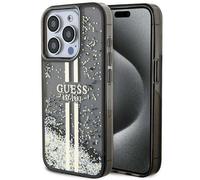 GUESS GUHCP15XLFCSEGK Coque pour iPhone 15 Pro Max 6,7 Pouces Noir Coque Rigide Liquide Paillettes Rayures Dorées