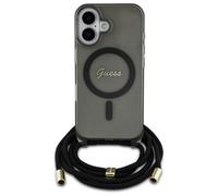 Étui Guess pour iPhone 16 6.1 noir étui rigide Crossbody Cord Script MagSafe