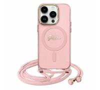 Étui Guess pour iPhone 16 6.1 rose étui rigide Crossbody Cord Script MagSafe