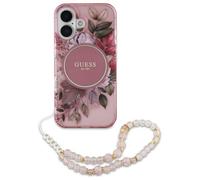 Étui Guess pour iPhone 16 6.1 rose noir étui IML Flowers With Pearl Strap MagSafe