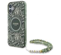 Étui Guess pour iPhone 16 6.1 vert étui rigide IML Flowers Allover Electro With Pearl Strap MagSafe