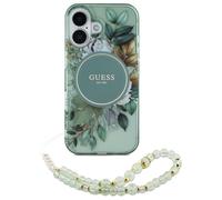 Étui Guess pour iPhone 16 Plus 6.7 vert étui rigide IML Flowers With Pearl Strap MagSafe