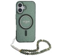 Étui Guess pour iPhone 16 Plus 6.7 vert étui rigide IML Glitter With Pearl Strap MagSafe
