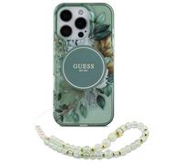 Étui Guess pour iPhone 16 Pro 6.3 vert étui rigide IML Flowers With Pearl Strap MagSafe