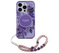 Étui Guess pour iPhone 16 Pro 6.3 violet étui rigide IML Flowers With Pearl Strap MagSafe