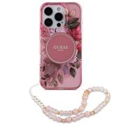 Étui Guess pour iPhone 16 Pro Max 6.9 rose étui rigide IML Flowers With Pearl Strap MagSafe