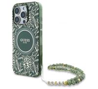 Étui Guess pour iPhone 16 Pro Max 6.9 vert étui rigide IML Flowers Allover Electro With Pearl Strap MagSafe