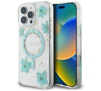 Étui Guess Resin Flowers Glitter MagSafe pour iPhone 16 Pro Max turquoise