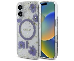 Étui Guess Resin Flowers Glitter MagSafe pour iPhone 16 violet