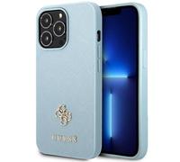 Guess GUHCP13XPS4MB Saffiano 4G Petit étui métal à logo, bleu - iPhone 13 Pro Max