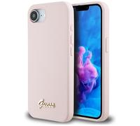 Étui Guess Silicone Script Metal Logo MagSafe pour iPhone 16e rose