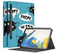 Étui Happy Friday Cat pour Samsung Galaxy Tab S9 Plus/S9 FE Plus 5G 12,4" 2023, plusieurs angles de vue avec porte-stylo, mise en veille/réveil automatique pour Galaxy Tab S9+