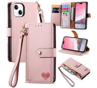 Etui iPhone 13 6.1"", Housse en Cuir Pochette Portefeuille PU Magnétique Flip Poche zippée,RFID Blocage,Coeur rose KBYU