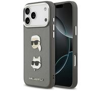 Étui Karl Lagerfeld FW Grained Karl & Choupette Heads Pins & Logo pour iPhone 17 Pro Max gris