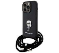 Étui Karl Lagerfeld pour iPhone 15 Pro 6.1 étui rigide noir Crossbody Saffiano Monogram Metal Pin Karl & Choupette