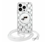 Étui Karl Lagerfeld pour iPhone 16 6.1 transparent étui rigide IML Crossbody Monogram Karl & Choupette Head MagSafe