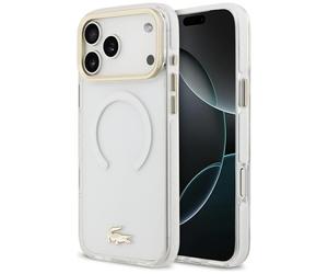 Etui Lacoste Shockproof Transparent Frosted Gold Logo MagSafe do iPhone 17 Pro Max bia?y
