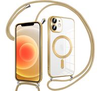 Étui Magnétique À Cordon Pour Iphone 12 ¿ Compatible Magsafe (Charge Sans Fil) ¿ Silicone Transparent Ultra-Fin Avec Lanière Réglable, Or