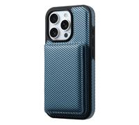 Étui magnétique pour iPhone 16 Pro Max/16 Pro/16 Plus/16 - En cuir de carbone - Portefeuille de recharge sans fil - Amovible - Bleu - 16 Pro Max