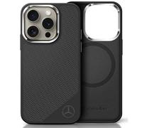 Étui Mercedes pour iPhone 16 Pro 6.3 noir étui rigide Silicone Tonal Logo Wood Pattern MagSafe