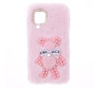 Étui Peluche Fourrure Lapin Coque pour Ulefone Note 16 Pro Filles Shiny Pearl Fluffy Soft Girly Case Fluffy Coque Lapin Peluche Fausse Fourrure Housse Téléphone Chaude pour l'hiver,Ours Perle Rose