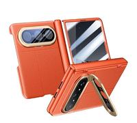 Étui Pliable pour Huawei Pura X Max, Housse en Cuir avec Film en Verre Trempé, Support D'objectif De Coque De Protection, Cadre D'électroplaque sous Vide (Orange,Film HD,Cadre PC)