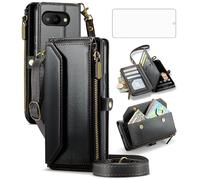 Étui portefeuille à fermeture éclair pour Google Pixel 9A avec protection d'écran en verre trempé et dragonne à bandoulière en cuir à rabat avec blocage RFID et porte-cartes de crédit, cellule Pixel9A