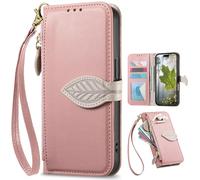 Étui Portefeuille à Fermeture éclair pour Oppo A54S/Oppo A16S, Dragonne, béquille, Coques à Motifs de Feuilles d'arbre pour Oppo A54S/Oppo A16S-Rosa
