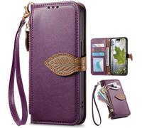 Étui Portefeuille à Fermeture éclair pour Oppo A54S/Oppo A16S, Dragonne, béquille, Coques à Motifs de Feuilles d'arbre pour Oppo A54S/Oppo A16S-Morado
