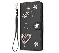 Étui Portefeuille à Rabat pour Motorola MOTO G57 Power Wallet Case Cover en Forme de Cœur et de Fleur Strass Scintillants Étui Portefeuille Clapet Pochette Poche pour Motorola MOTO G57 Power,Noir