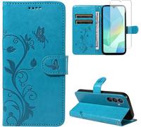 Étui Portefeuille Compatible Samsung Galaxy A16 (4g/5g) - Cuir Pu Premium, Protecteur D'écran En Verre Trempé Inclus, Fonction Support Et Fermeture Magnétique - Bleu