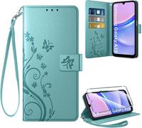 Étui Portefeuille Cuir Pu Pour Samsung Galaxy A15 (4g/5g) - Design Rétro Floral, 3 Emplacements Cartes, Fonction Support + Verre Trempé, Vert