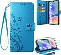 Étui Portefeuille Cuir Pu Samsung Galaxy A05s Avec Verre Trempé - Coque Hybride Tpu, Design Rétro Floral, 3 Emplacements Cartes Et Fonction Support - Bleu