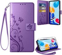 Étui Portefeuille Cuir Pu Violet Compatible Xiaomi Redmi Note 11 / Note 11s 4g - Design Rétro Floral, 3 Fentes Cartes Et Fonction Support + Verre Trempé Inclus