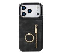 Étui portefeuille en cuir à fermeture éclair for iPhone 17/17 Air/17 Pro/17 Pro Max, couverture de blocage RFID mince avec support d'anneau en métal rotatif, conception anti-rayures(Black,17 Pro Max)