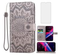 Étui portefeuille en cuir pour T-Mobile Revvl 4 Plus avec protection d'écran en verre trempé - Étui fin à rabat avec support pour cartes Tmobile Revel 4+ T Mobile Revvl4+ TCL Revell Four + 4Plus - Unisexe - Gris