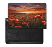 Étui portefeuille en cuir PU avec champ de fleurs de coquelicot rouge au coucher du soleil pour passeport, livre, cartes, pour les voyages incontournables