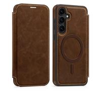 Étui portefeuille en cuir synthétique avec blocage RFID, rabat magnétique compatible avec Samsung Galaxy S24 - Emplacement pour cartes - Antichoc pour homme et femme (café)